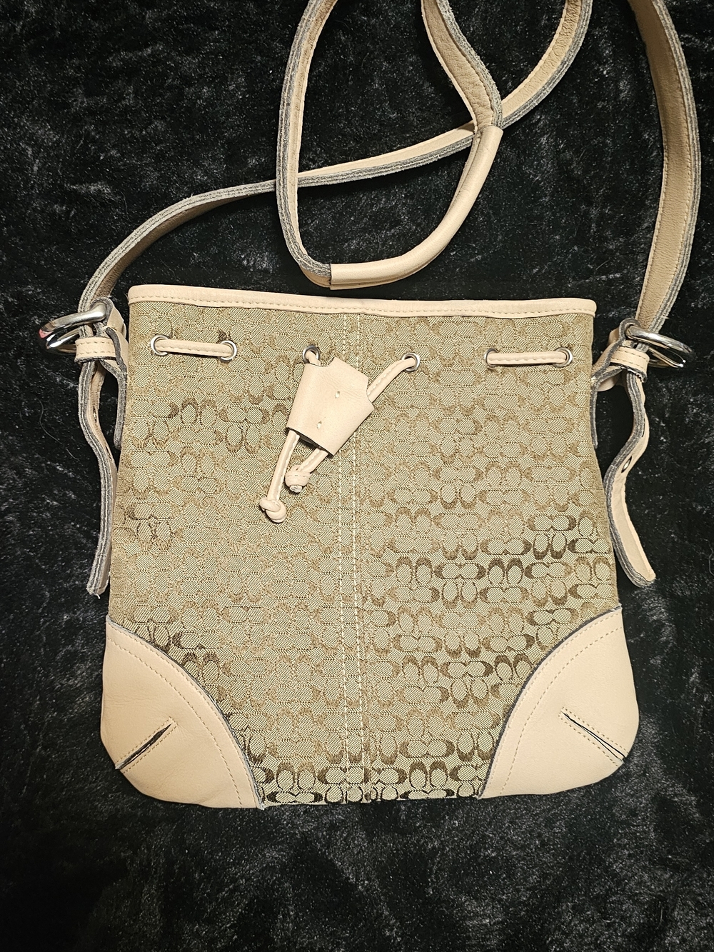 Coach  Signature-Print Beige Crossbody Bag with Leather Trim